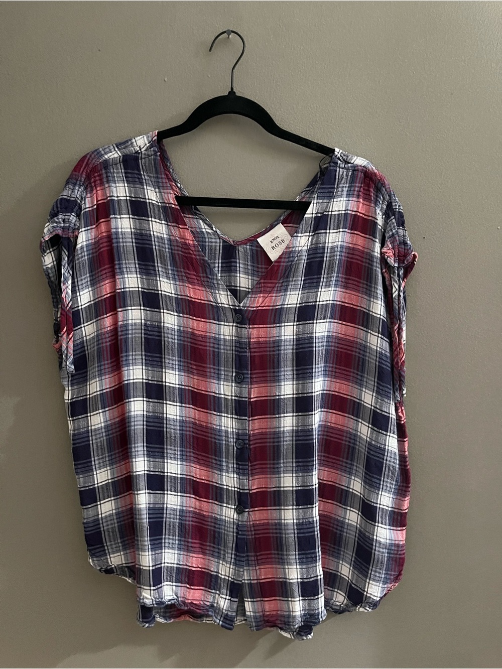 Knox Rose Large Oversized Sleeveless Blouse Red Blue Plaid Americana 4th of July